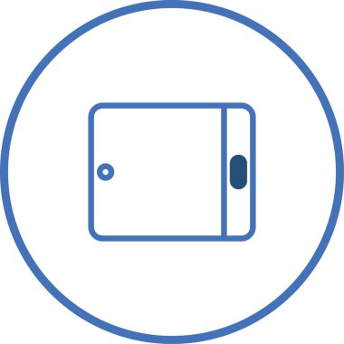 Bir minimalist tablet simgesi, modern teknoloji ve dijital bağlantıyı temsil eden beyaz bir zemin üzerinde temiz mavi bir anahat içerir..