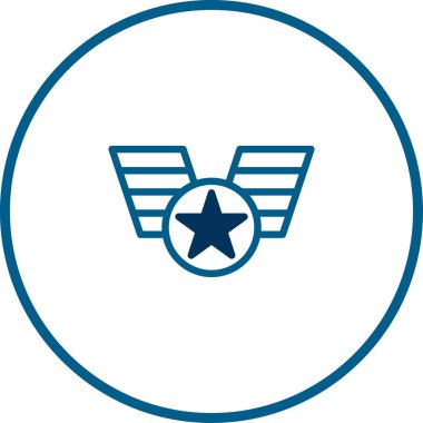 Bir minimalist mavi dairesel ikon, kanatlı aksanlarla geliştirilmiş, başarıyı ve servisi temsil eden, bir daire şeklinde çevrili bir yıldız tasvir eder..