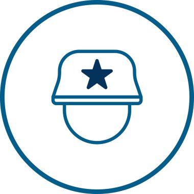 Üzerinde yıldız olan miğfer takan bir askerin, temiz beyaz bir arkaplan üzerine kurulmuş minimalist mavi çizgili bir çizgisi..