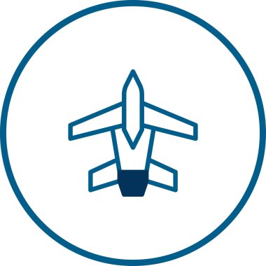 Mavi bir dairenin içinde, havacılık, seyahat ve modern tasarımı sembolize eden basit bir mavi uçak ikonu. Ulaşım ve yolculukla ilgili konular için ideal.