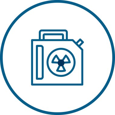 Radyoaktif sembollü bir konteynırın mavi ana hatlı ikonu, nükleer atığı ve radyasyon ve çevresel kirlilik tehlikesini simgeliyor.