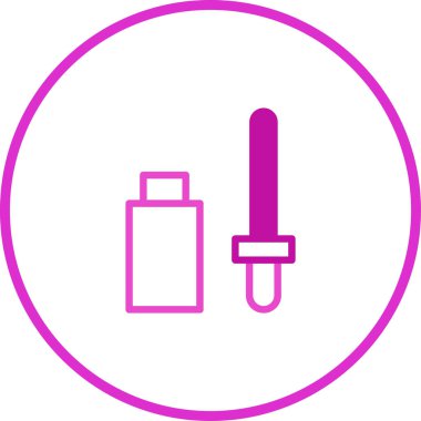 Serum şişesinin ana simgesi ve daire şeklinde damlatıcısı. Güzellik, cilt bakımı ve sağlık tedavileri için kozmetik ürünlerinin vektör çizimi.