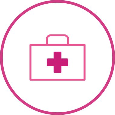 Beyaz arka planda minimalist pembe bir ilk yardım çantası simgesi. Sağlık, acil bakım ve tıbbi yardımı simgeler.