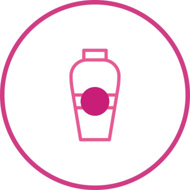 Bir şişenin minimalist pembe çizgi çizimi. Sağlık, güzellik ve kozmetik endüstrisi temaları için tasarım unsuru olarak harika.