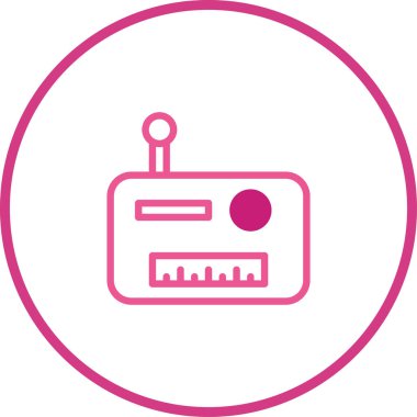 Beyaz arka planda izole edilmiş, medya ve teknolojiyi temsil eden basit bir pembe radyo ikonu. Vektör tasarımı klasik iletişim ve yayın öneriyor.