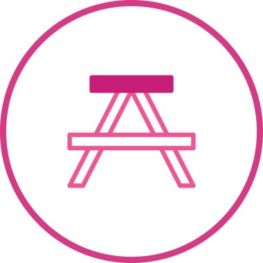Pembe bir piknik masası ikonu, basit ve modern bir tasarım sunan bir çemberin merkezindedir. Minimalist grafik tasarımlar için mükemmel.