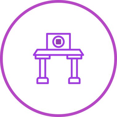 Dairesel çerçevede beyaz bir arkaplanda izole edilmiş modern mor masa simgesi. Herhangi bir grafik tasarım veya web projesi için büyük minimalist illüstrasyon.
