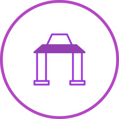 Temiz, minimalist bir vektör çizimi bir kemer ya da girişi tasvir eder. Tasarım, modern ve basit bir estetiği yansıtan, dairesel bir çerçeveye yerleştirilmiş, mor ile özetlenmiş geometrik bir şekle sahiptir..