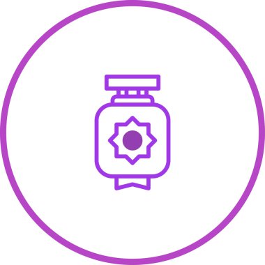 Dairesel çerçevede çizilmiş mor bir fener ikonu minimalist bir tasarım sergiliyor. Bu grafik Ramazan, İslam kültürü ve şenlikli kutlamaları temsil ediyor..