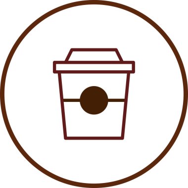 Kahve fincanının minimalist bir simgesi. Önünde kahverengi bir çizgi ve önünde bir daire var. Temiz beyaz bir arkaplan, kafe veya restoran tasarımı için mükemmel..