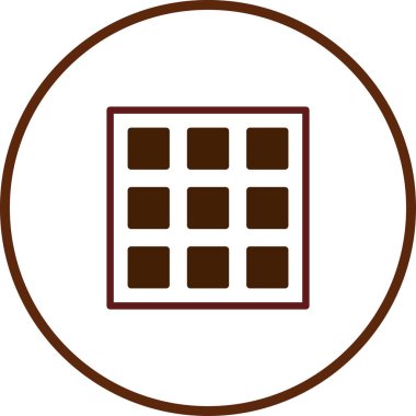 Bir ızgara içinde kare şekilli basit bir waffle simgesi, hepsi kahverengi renkli, dairesel bir çerçeve içinde ayarlanmış. Menü veya uygulama arayüzleri için mükemmel.
