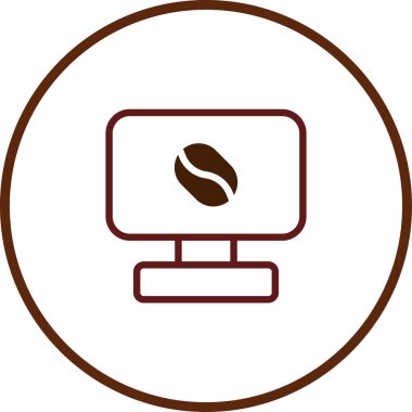 Bir bilgisayar ekranında kahve çekirdeği sergilenen minimalist bir vektör illüstrasyonu, teknoloji ve kahve kültürünün entegrasyonunu sembolize ediyor..