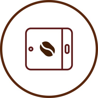 Tablet cihazında kahve çekirdeği bulunan minimalist bir simge, kafeleri, kahve uygulamalarını veya teknolojiyle ilgili içecek servislerini temsil etmek için ideal.