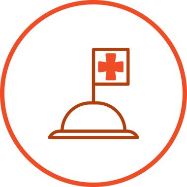 Temiz, minimalist bir illüstrasyon. Bayrağın üzerinde kırmızı bir haç var. Tıbbi yardımı temsil ediyor. Çember içine alındığında, tasarım sağlık, bakım ve acil servis anlamına gelir..