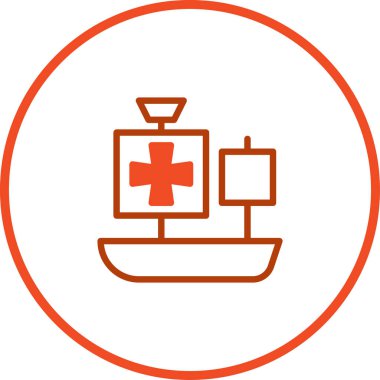 Minimalist bir ikon, yelkeninde sağlık haçı olan bir gemiyi turuncu bir çemberin içinde gösteriyor. Bu sağlık, bakım ve deniz kurtarma hizmetlerini temsil eder..