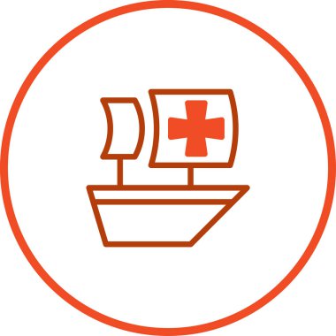 Yelkeninde belirgin bir haç bulunan ve çarpıcı dairesel çerçeve hatlarıyla çevrili bir tıp gemisinin modern bir çizgisi..