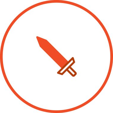 Turuncu bir kılıç simgesi, temiz beyaz bir arkaplanda turuncu bir daire içinde sergilenir. İllüstrasyon basit ve göz alıcı..