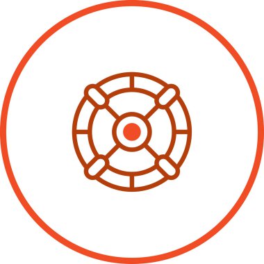 Beyaz zemin üzerine kurulmuş turuncu bir cankurtaran ikonu içeren minimalist vektör çizimi, turuncu daire sınırıyla örtülmüş, güvenlik ve kurtarma simgesi..