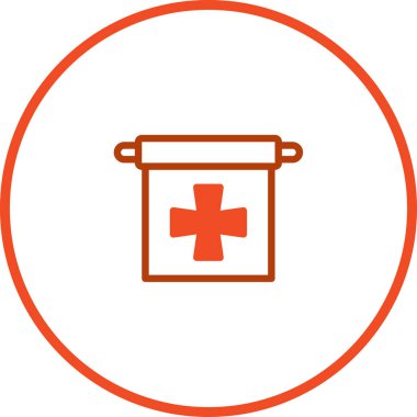 Minimalist bir illüstrasyonda, tıbbi bakım, sağlık ve yardımı temsil eden bir daire içinde çapraz pankart yer alır. Bu grafik sağlıkla ilgili tasarımlar için idealdir.