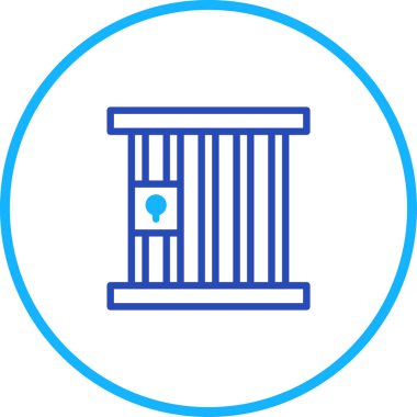 Minimalist bir vektör grafiği dairesel bir çerçeveye sarılı bir hapishane hücresi gösteriyor. Hücre demir parmaklıklar ve asma kilit içeriyor, hapsedilmeyi ve adaleti simgeliyor.