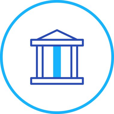 Modern mavi bir taslak ile tasvir edilmiş biçimlendirilmiş bir adliye simgesi, hukuku, adaleti ve hükümet yapısını simgeliyor, basit ama etkili bir görsel temsil yaratıyor..