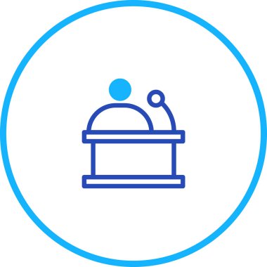 Bu mavi çizgi ikonu podyumda konuşma yapan birini gösteriyor. Basit bir tasarımla iletişim, topluluk önünde konuşma, sunum ve konferansları temsil eder..