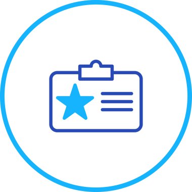 Üzerinde yıldız ve yatay çizgiler bulunan mavi çizgili bir ikon, onaylama veya tanımayı temsil eden mavi çizgili bir çember..