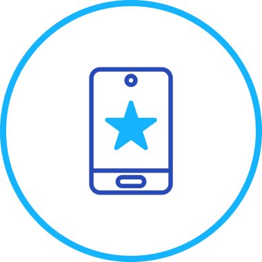 Bir cep telefonunun mavi ve beyaz simgesi uygulama tasarımında favorileri veya reytingleri temsil eden bir yıldızı görüntüler. Vektör illüstrasyonu.