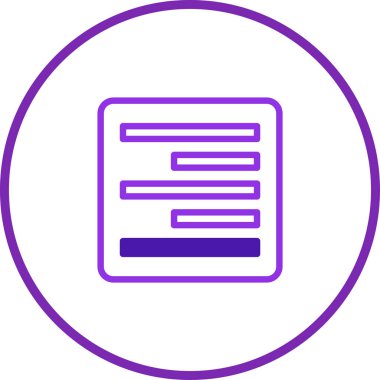 Modern UI tasarımı için bilgi, veri veya içeriği temsil eden kare şekil ve yatay çizgilere sahip soyut mor yerleşim simgesi.