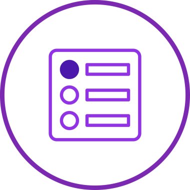 Kare kenarlığı ve üç kurşun noktası olan mor liste simgesi, web veya mobil arayüzler için temiz ve modern bir dijital tasarım için seçenekleri ve navigasyonu belirtir.