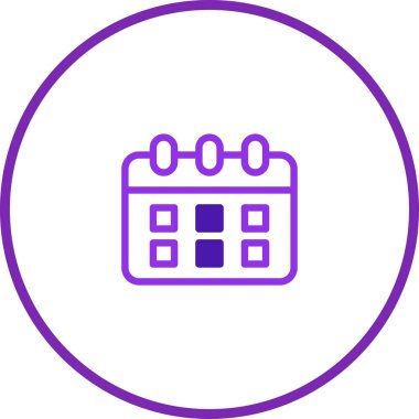 Zamanlama için bir çemberin içinde mor takvim simgesi ve beyaz bir arkaplanda randevu yönetimi. Takvim zaman düzenini ve planlamasını temsil ediyor..