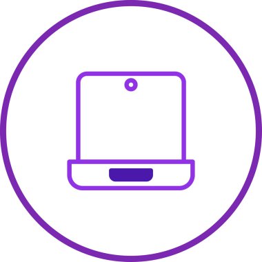 Çemberin içinde bir minimalist mor dizüstü bilgisayar ikonu, modern teknolojiyi, bağlantıyı ve dijital iletişimi temiz ve basit bir tasarımla temsil ediyor..