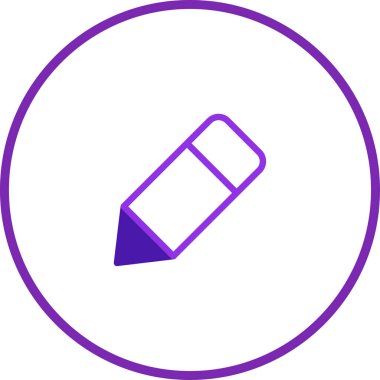 Dizayn projeleri, düzenleme uygulamaları veya yaratıcı arayüzler için uygun bir daire içine eklenmiş minimalist mor kalem simgesi.
