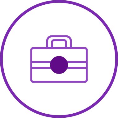 Dairesel unsurlu bir evrak çantasını tasvir eden minimalist bir simge. İş, iş ve seyahatle ilgili tasarımlar için uygun. Temiz çizgiler ve basit şekil onu çok yönlü yapar..