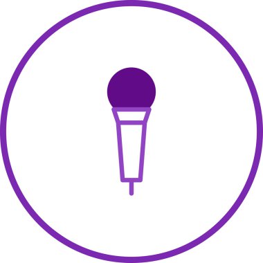 Mor çizgilerle tasvir edilmiş, beyaz bir zemin üzerine kurulmuş ve mor bir çember sınırına yerleştirilmiş bir mikrofonun minimalist çizimi. Basit bir mikrofon simgesine ihtiyaç duyan tasarımlar için ideal.