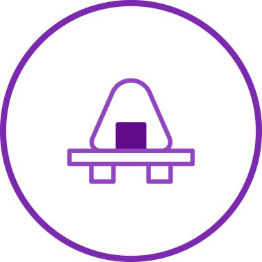 Görüntü, tepside servis edilen onigiri pirinç topunun grafik çizimlerini içeriyor. Minimalist tasarım mor ve beyaz renkte yapılmış, temiz ve görsel olarak çekici bir görüntü yaratıyor..