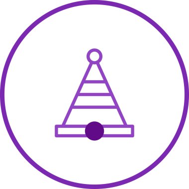 Bir dairenin içindeki mor parti şapkası ikonunun minimalist bir çizimi. Doğum günü kartları, davetiyeler ve festival tasarımları için harika..