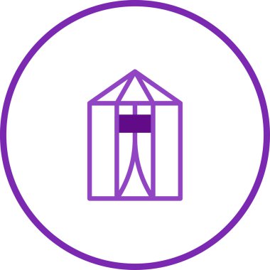 Kamp, açık hava aktiviteleri ve eğlence amaçlı seyahatleri basit ve çekici bir şekilde tasvir eden bir çadırın minimalist mor çizimi..