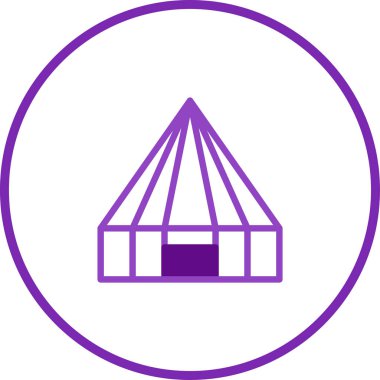 Basit ve temiz tasarımıyla sirki, etkinlikleri, festivalleri ve kutlamaları temsil etmek için mükemmel bir minimalist mor çadır ikonu grafiği..