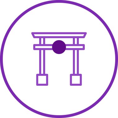Torii kapısının minimalist bir simgesi, geleneksel bir Japon sembolü, mor bir çemberin içinde. Japon kültürünü, seyahat noktalarını ya da ruhani temaları temsil etmek için ideal..