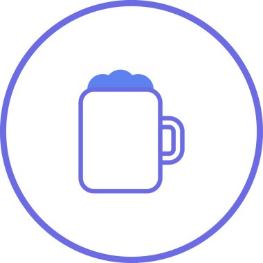 Mavi çizgili ve köpüklü bir kupa, minimalist bir illüstrasyon, beyaz bir arkaplan üzerine mavi ile çevrili.