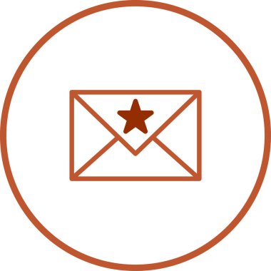 İçinde bir yıldız sembolü olan bir zarf simgesinin dairesel çerçeveyle çevrili olduğu minimalist vektör grafiği. İletişim ve müşteri hizmetleri temaları için mükemmel.