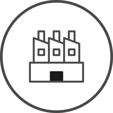 Çember içindeki bir fabrika binasının basit, minimalist bir simgesi. Temiz ve modern bir şekilde endüstriyi, imalatı ve üretimi temsil ediyor..