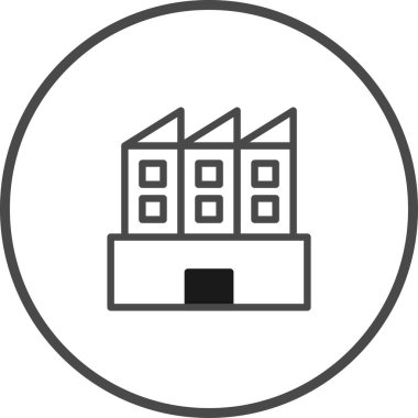 Basit bir minimalist ikon, temiz bir daire içinde çerçevelenmiş, kendine özgü üçgen çatıları olan üç bölümlü bir bina tasvir ediyor. Mimari veya ticari kavramların taşınması için ideal.