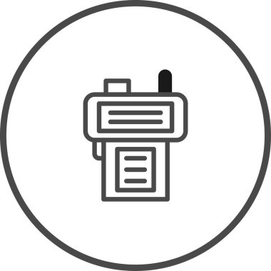 Görüntü, temiz beyaz bir arkaplan üzerine kurulmuş bir radyo iletişim cihazının minimalist bir simgesini içeriyor. Tasarım basit ve modern..