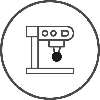 Dairesel çerçeveye sarılı bir espresso makinesinin minimalist vektör çizimi. İkon kahve hazırlama ve içecekleri temsil ediyor..