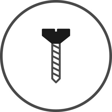 Siyah bir vidanın, beyaz bir arkaplana karşı minimalist bir vektör çizimi, bir çember içinde özetlenerek, yapı veya bakım temsil eder..