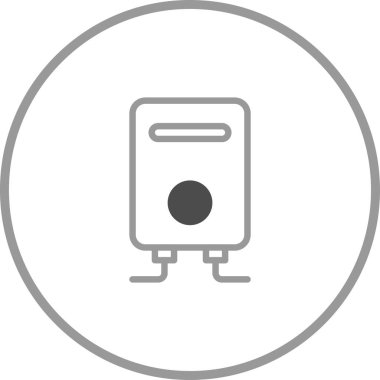 Su ısıtıcısı simgesinin minimalist vektör çizimi. Tasarım temiz çizgiler ve basit bir şekil içeriyor. Isıtma cihazlarını ve modern teknolojiyi sembolize ediyor.