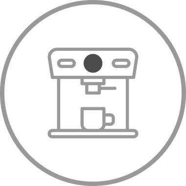 Bir kahve makinesinin, kafeler, uygulamalar ve kahve hazırlama ile ilgili grafik tasarımları için uygun, basit, modern bir gri tonlama simgesi..