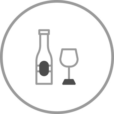 Şarap şişesi ve bardağı tasvir eden minimalist bir illüstrasyon. Yemek, içecek ve lüks etkinlikler için ideal bir tasarım..